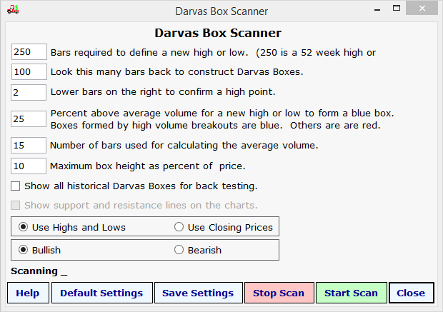 Darvas Box Scanner Setup Screen
